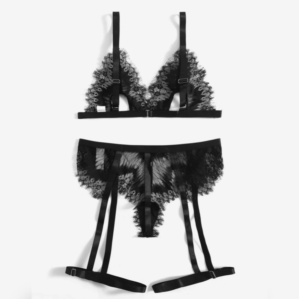 Floral Lace Cut-Out Garter Lingerie Set